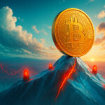 A gleaming Bitcoin coin teeters atop a cracked icy summit ringed with flashing red beacons as faint market graphs ripple across a bright teal-and-gold sky.