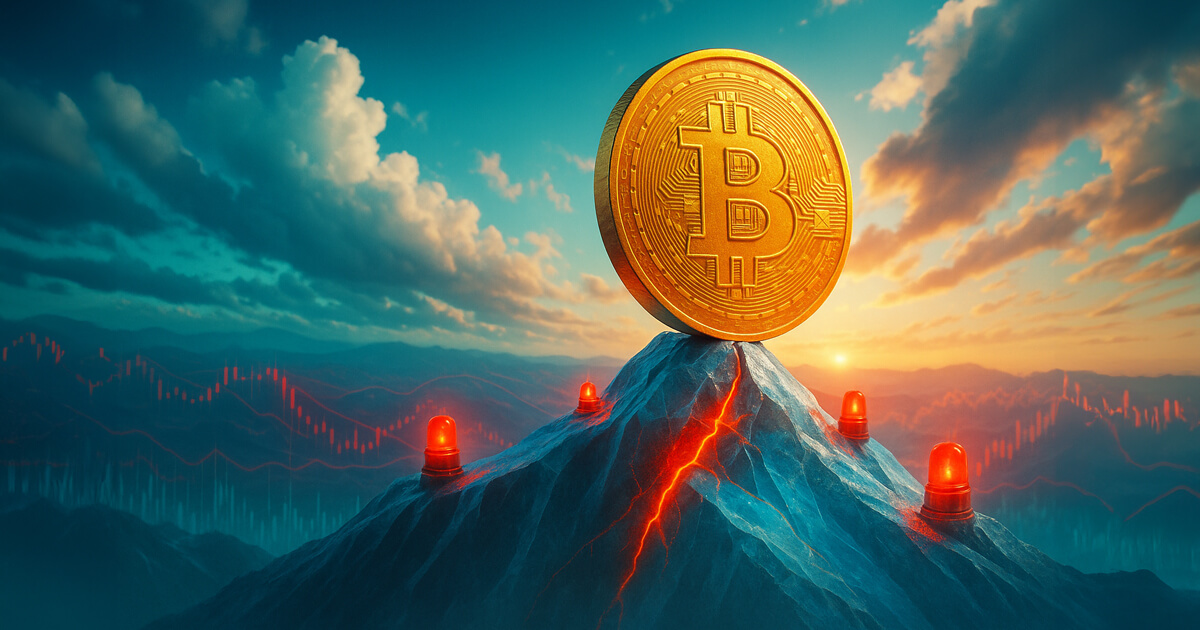 A gleaming Bitcoin coin teeters atop a cracked icy summit ringed with flashing red beacons as faint market graphs ripple across a bright teal-and-gold sky.
