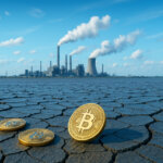 Three Bitcoin coins gleam vividly on cracked earth beneath a bright blue sky, with an industrial skyline billowing smoke in the distance.