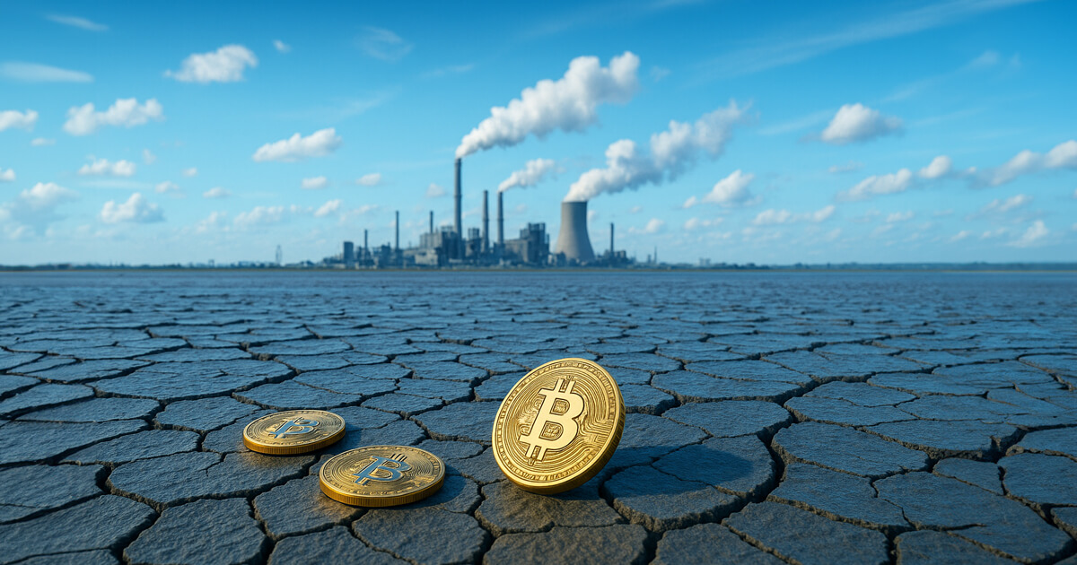 Three Bitcoin coins gleam vividly on cracked earth beneath a bright blue sky, with an industrial skyline billowing smoke in the distance.