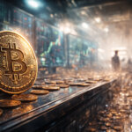 A large gold Bitcoin coin stands upright on a reflective surface inside a dimly lit trading room filled with digital market screens, scattered coins, and a blurred silhouette of a person in the background.