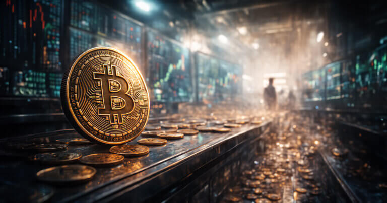 A large gold Bitcoin coin stands upright on a reflective surface inside a dimly lit trading room filled with digital market screens, scattered coins, and a blurred silhouette of a person in the background.