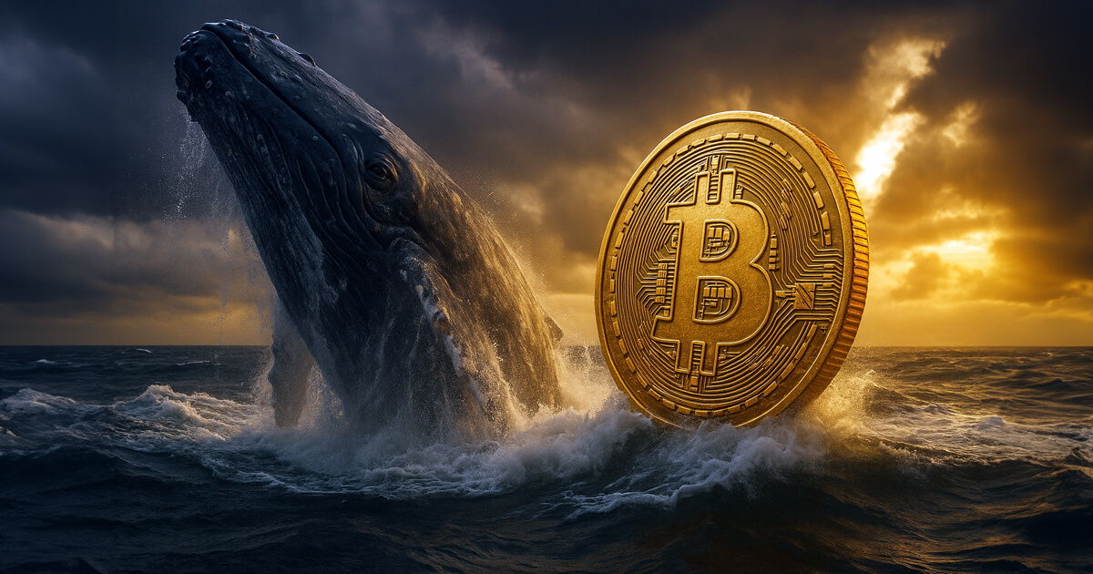 A massive whale breaches from stormy ocean waves beside a giant glowing Bitcoin coin at sunset.