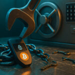a heavy wrench hovering over a locked hardware wallet coiled in chains beside a steel safe, lit with natural teal–amber glow to symbolize physical coercion forcing self-custodians to surrender keys.
