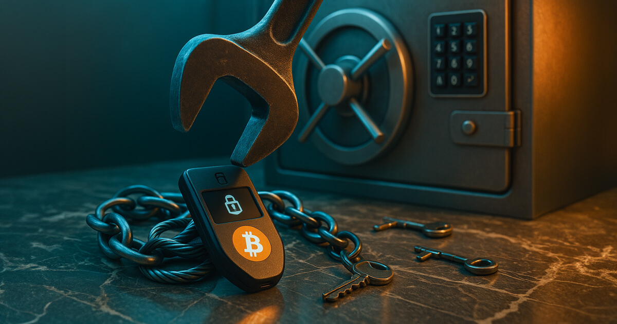 a heavy wrench hovering over a locked hardware wallet coiled in chains beside a steel safe, lit with natural teal–amber glow to symbolize physical coercion forcing self-custodians to surrender keys.