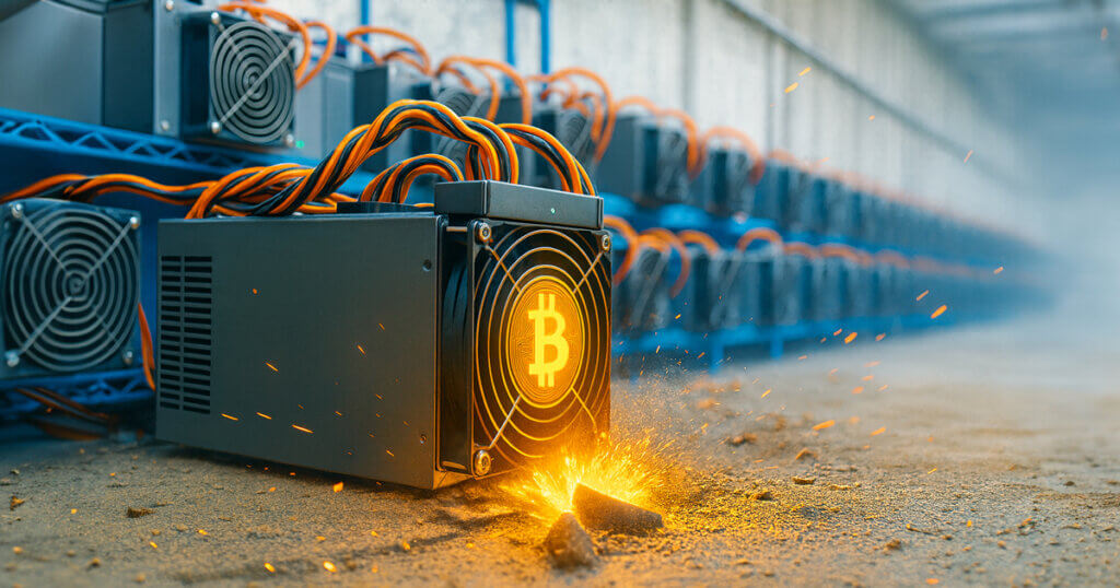 A glowing Bitcoin mining rig sits on a dusty floor, sparking and emitting bright orange flashes as rows of connected mining machines extend into the hazy background.