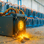 A glowing Bitcoin mining rig sits on a dusty floor, sparking and emitting bright orange flashes as rows of connected mining machines extend into the hazy background.