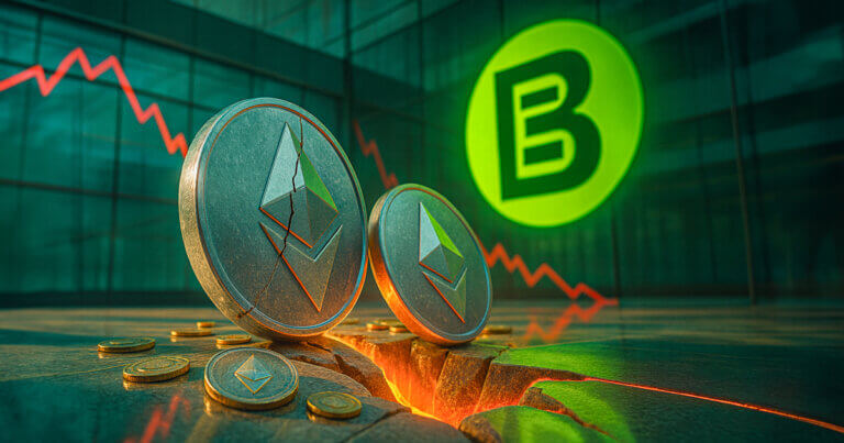 Cracked Ethereum coins tilt into a glowing fissure on a glass trading floor as a vivid red downtrend line and the neon-green BitMine logo glow on the wall behind.