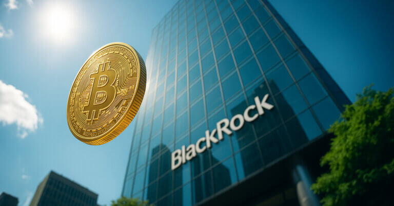A low, ground-up view shows a gleaming golden Bitcoin floating before BlackRock’s towering glass facade under bright blue sky with crisp reflections and vivid greenery.