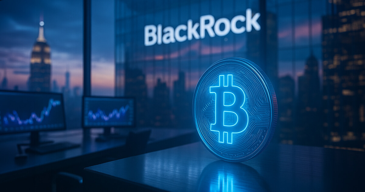 a cool-toned BlackRock trading floor overlooking a bright city skyline, where a luminous silver-blue Bitcoin emblem glows with vibrant soft teal and magenta accents amid sleek monitors showing upward trends
