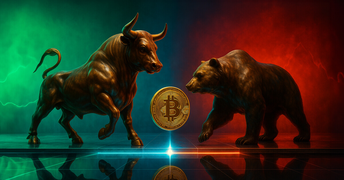 a hyper-realistic bronze bull and bear facing off across a glowing threshold line, with a gleaming Bitcoin coin hovering between green and red light to symbolize a decisive retest.