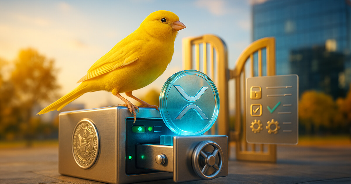 A bright yellow canary perches on a partially opened mini safe revealing a glowing glass XRP coin, while a gilded gate stands ajar and a checklist icon shows one green check and two pending gears against a sunlit city backdrop.
