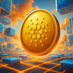 A large golden Cardano (ADA) coin hovers above a glowing digital grid, surrounded by floating blue blockchain cubes under a dramatic orange-lit sky, symbolizing Cardano’s technological expansion ahead of 2026.