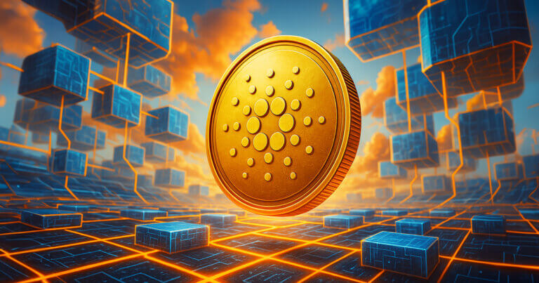 A large golden Cardano (ADA) coin hovers above a glowing digital grid, surrounded by floating blue blockchain cubes under a dramatic orange-lit sky, symbolizing Cardano’s technological expansion ahead of 2026.