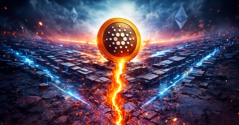 A glowing Cardano coin rises from a fiery crack in a futuristic, grid-like landscape with blue and orange energy lines, under a stormy sky with faint Ethereum symbols in the background.