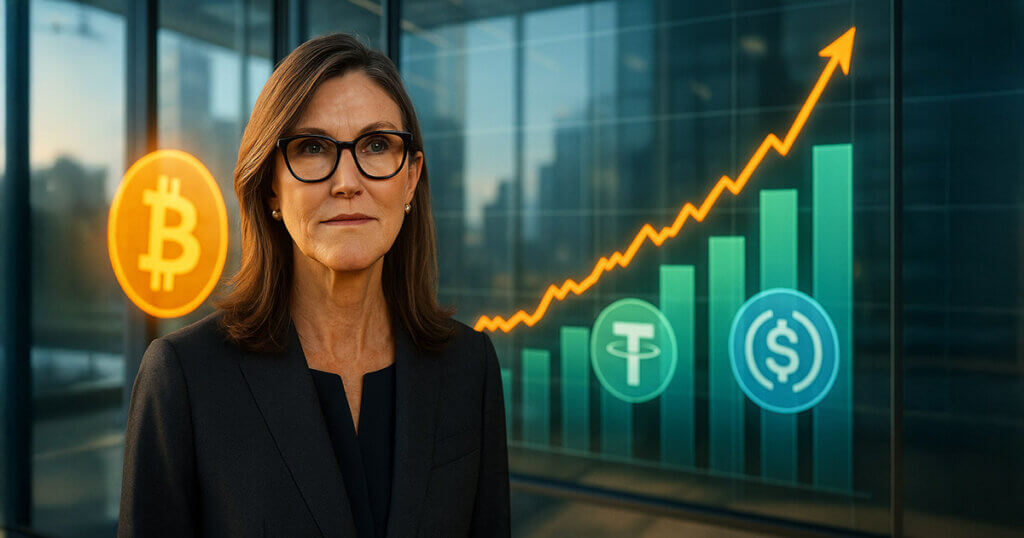 Photorealistic 16:9 scene of Cathie Wood in a bright glass walled office, Bitcoin’s glowing orange logo and a tempered upward line beside rising translucent green blue bars with USDT and USDC icons, conveying measured optimism as stablecoins gain momentum.