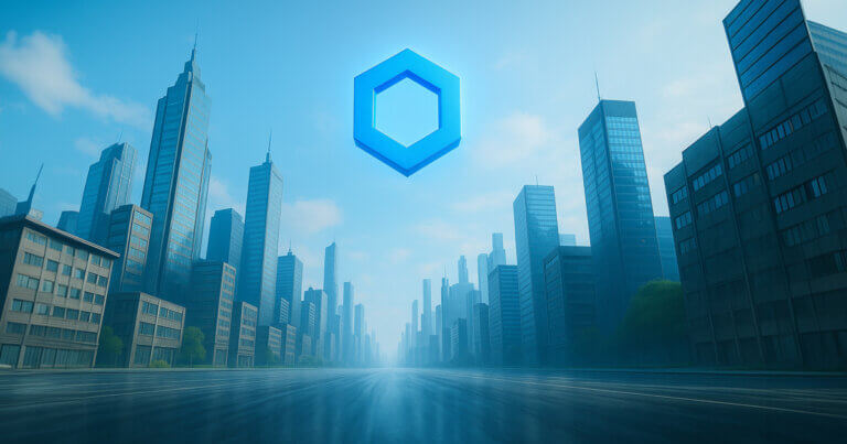 Low-angle ultra-wide daylight view of a hyper-real glass-and-steel skyline with a luminous Chainlink hexagon floating above a long reflective boulevard under mid-tone skies.