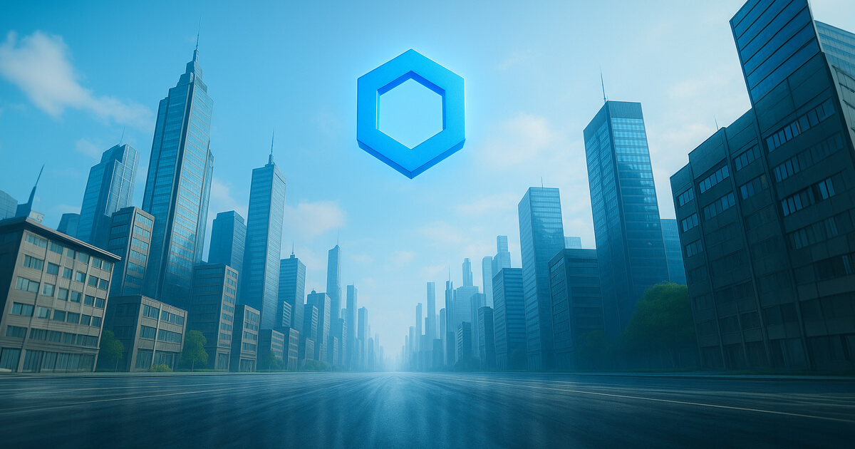 Low-angle ultra-wide daylight view of a hyper-real glass-and-steel skyline with a luminous Chainlink hexagon floating above a long reflective boulevard under mid-tone skies.