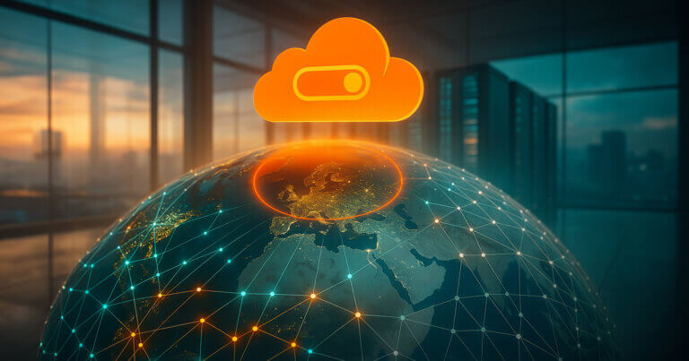 A luminous orange cloud hovers above a glowing, networked Earth as a bright circular shockwave ripples across continents, echoing through a sunlit data center.