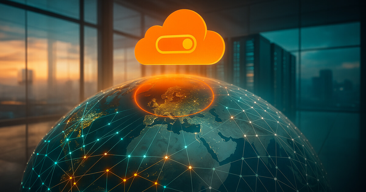 A luminous orange cloud hovers above a glowing, networked Earth as a bright circular shockwave ripples across continents, echoing through a sunlit data center.