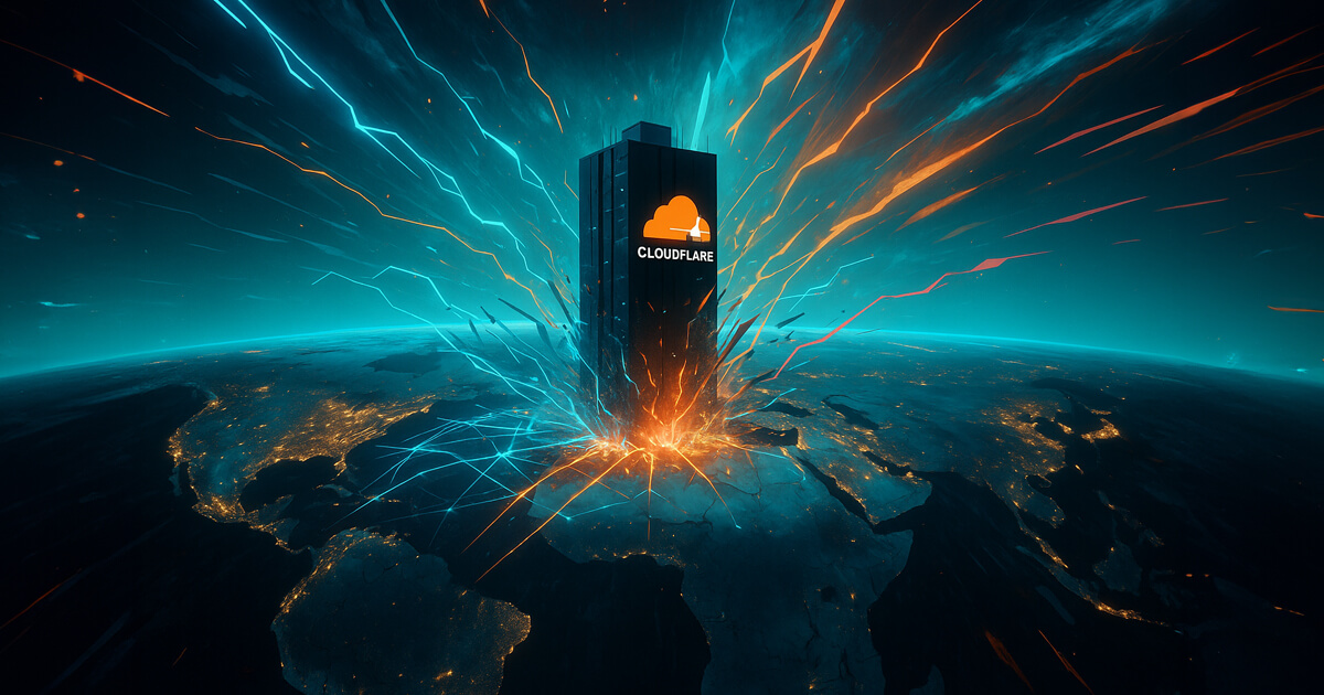 A towering Cloudflare server monolith erupts with teal and orange data streams over a glowing world map, symbolizing a centralized internet bottleneck triggering a dramatic, globally felt blackout.