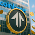 A large gold-rimmed crypto token with an upward-pointing double-arrow symbol floats in front of a Coinbase skyscraper as golden coins swirl around it.
