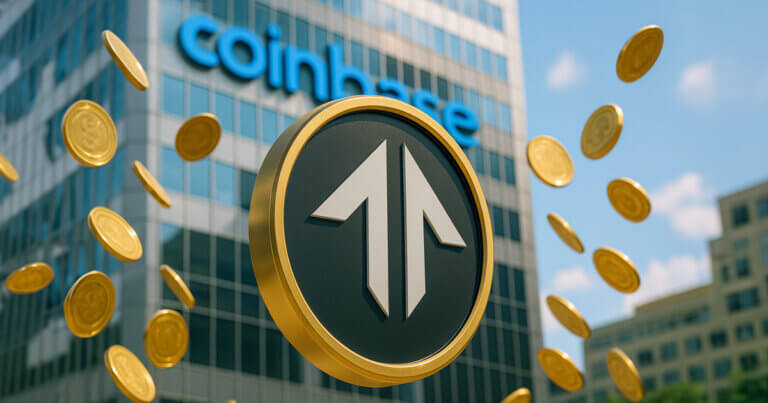 A large gold-rimmed crypto token with an upward-pointing double-arrow symbol floats in front of a Coinbase skyscraper as golden coins swirl around it.
