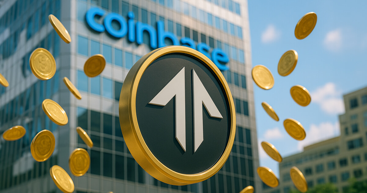 A large gold-rimmed crypto token with an upward-pointing double-arrow symbol floats in front of a Coinbase skyscraper as golden coins swirl around it.