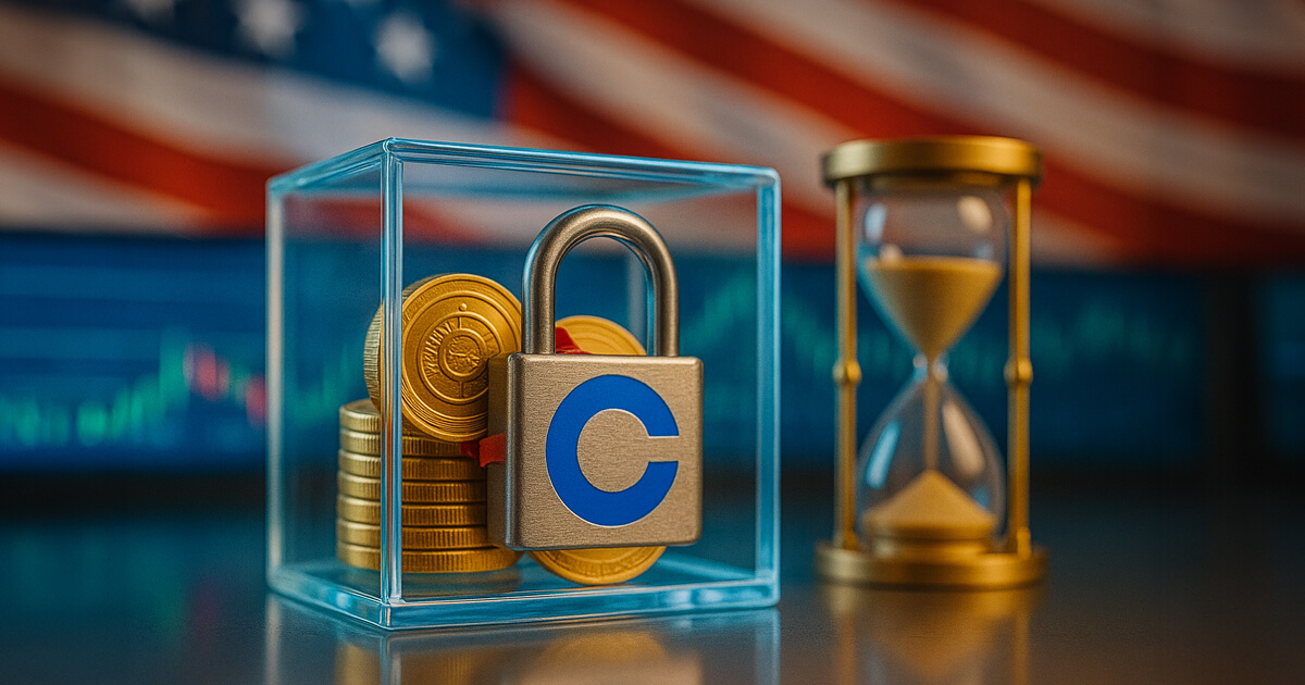 gold coins locked in a glass cube with a brushed-steel padlock now displaying the official Coinbase logo, beside a golden hourglass against a vivid U.S. flag and teal trading charts.
