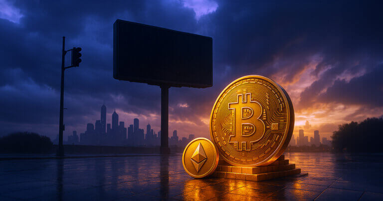 giant glowing Bitcoin and Ethereum coins on a rain-slick city overlook at sunset, their warm reflections contrasting with a dark, powered-off billboard and brooding storm clouds over the skyline to dramatize the “CPI went dark” moment.