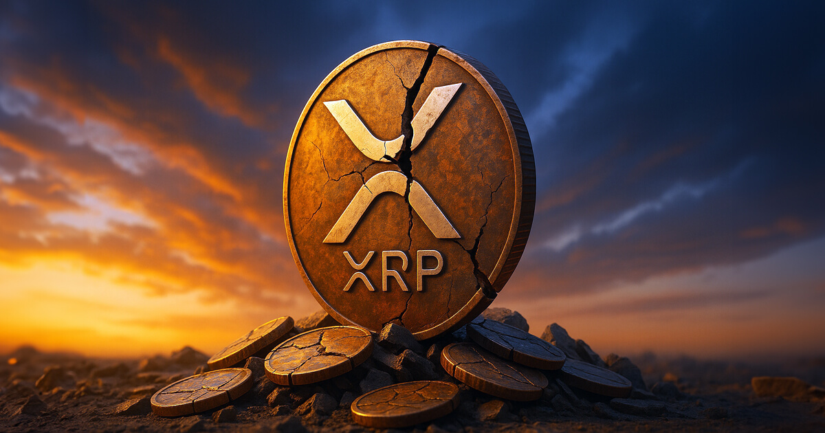 A giant shattered XRP coin glows with molten cracks as it rises from a field of scattered tokens under a blazing cinematic sunset and smoky skyline.