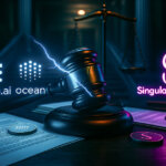 courthouse scene with a cracked gavel under cool teal lighting where the updated Fetch.ai grid logo glows beside Ocean Protocol and SingularityNET, emphasizing the alliance’s legal fracture.