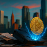 A glowing Bitcoin erupts from a cracked briefcase amid flying documents and electric blue energy against a vivid orange-teal city skyline.