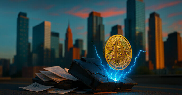A glowing Bitcoin erupts from a cracked briefcase amid flying documents and electric blue energy against a vivid orange-teal city skyline.