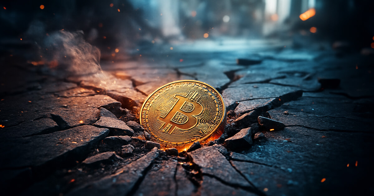 A glowing Bitcoin coin sits lodged in the middle of a cracked, smoky pavement as embers and debris scatter across the dramatic, dimly lit scene.