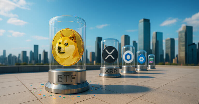 A sunlit rooftop plaza showcases a prominent Dogecoin capsule in front with XRP, Chainlink, and Solana capsules receding toward a bright blue skyline.