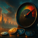 fear gauge with its needle buried in the red zone beside gleaming Bitcoin, Ethereum, XRP and Solana coins on a reflective stone plaza, all catching vivid orange sunset and teal storm-cloud light above a hazy futuristic skyline.