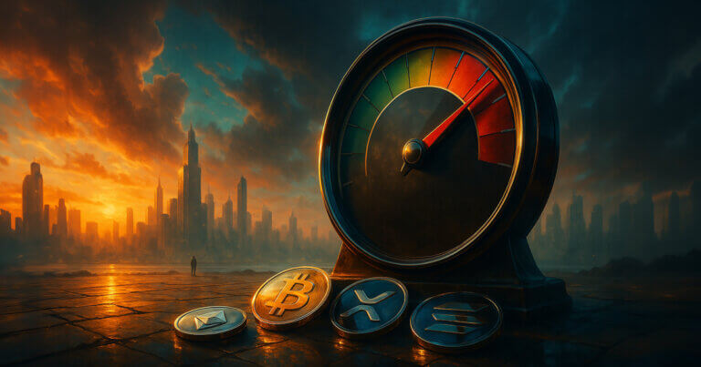 fear gauge with its needle buried in the red zone beside gleaming Bitcoin, Ethereum, XRP and Solana coins on a reflective stone plaza, all catching vivid orange sunset and teal storm-cloud light above a hazy futuristic skyline.