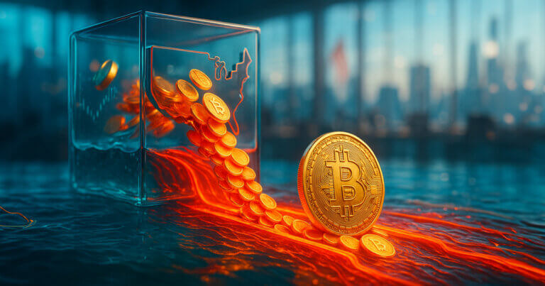 glowing Bitcoin coins streaming out of a glass U.S.-shaped vault into vivid orange channels, while calm teal water carries steady Solana and XRP tokens across a sunlit trading floor backdrop.