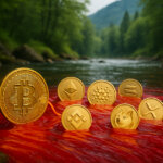 Bitcoin, Ethereum, BNB, Cardano, Dogecoin, XRP, and Solana coins arranged in a shallow forest river, surrounded by vivid red flowing water with misty green hills and mossy rocks in the softly diffused background.