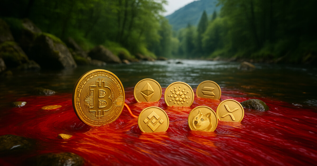 Bitcoin, Ethereum, BNB, Cardano, Dogecoin, XRP, and Solana coins arranged in a shallow forest river, surrounded by vivid red flowing water with misty green hills and mossy rocks in the softly diffused background.