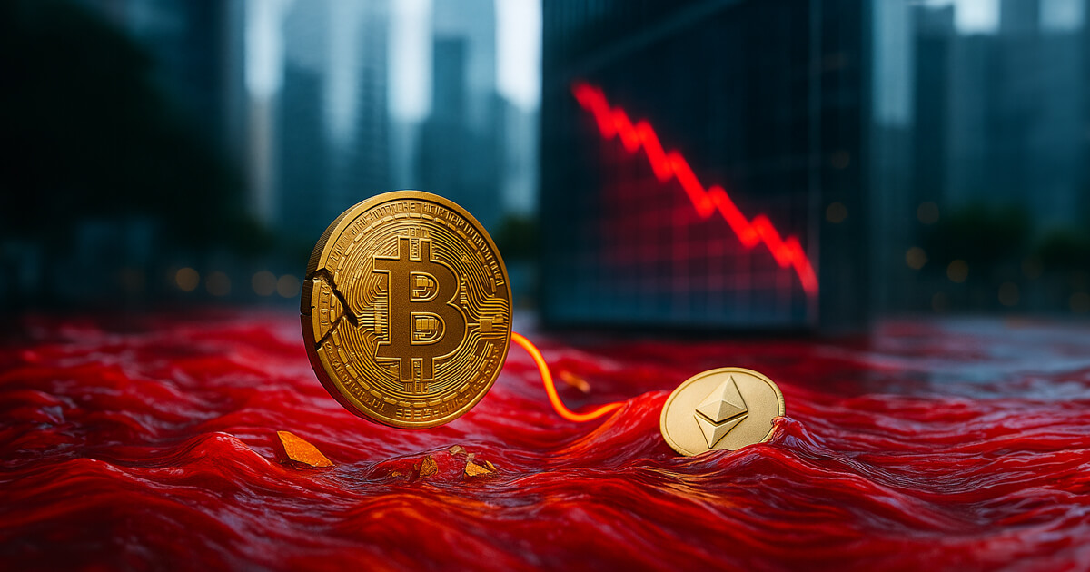 Bitcoin and Ethereum coins partially submerged in vivid red flowing water with a glowing downward chart