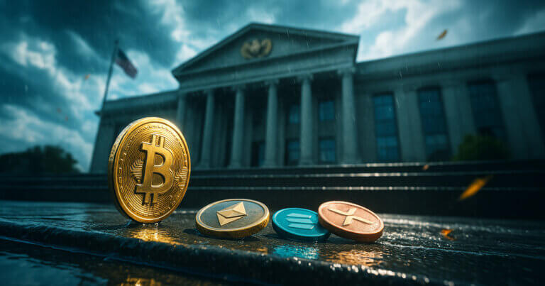Four glossy crypto coins gleam on rain-slicked stone steps outside a grand federal building as shafts of cool light cut through storm clouds for a cinematic, high-contrast mood.