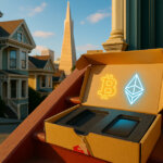 An open, torn delivery box with empty foam cutouts for a laptop and phone sits on a San Francisco Victorian stoop as glowing Bitcoin and Ethereum logos hover inside under bright late-afternoon light.