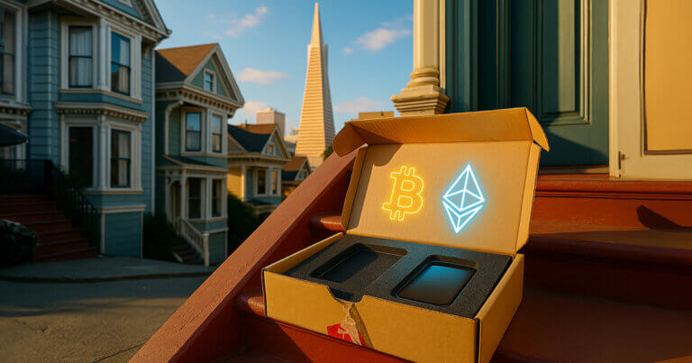 An open, torn delivery box with empty foam cutouts for a laptop and phone sits on a San Francisco Victorian stoop as glowing Bitcoin and Ethereum logos hover inside under bright late-afternoon light.