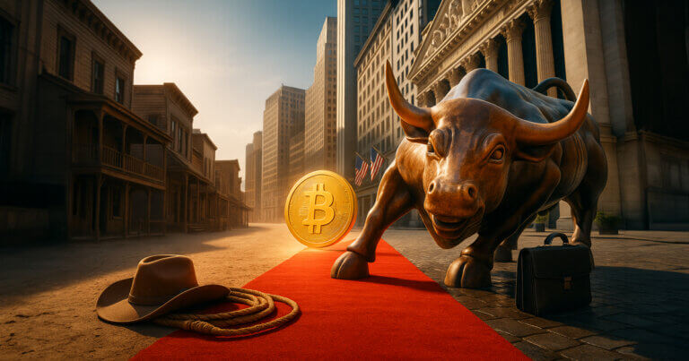 a lifelike bronze Charging Bull—complete with patina, micro-scratches, and crisp reflections—beside a glowing Bitcoin on a red carpet that bridges a dusty Wild West street with Wall Street’s marble facades.