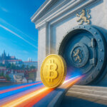 Bitcoin gleams in cool daylight as it speeds toward a stone vault under a vivid blue sky, with Prague’s skyline sharply lit in balanced, vibrant colors.