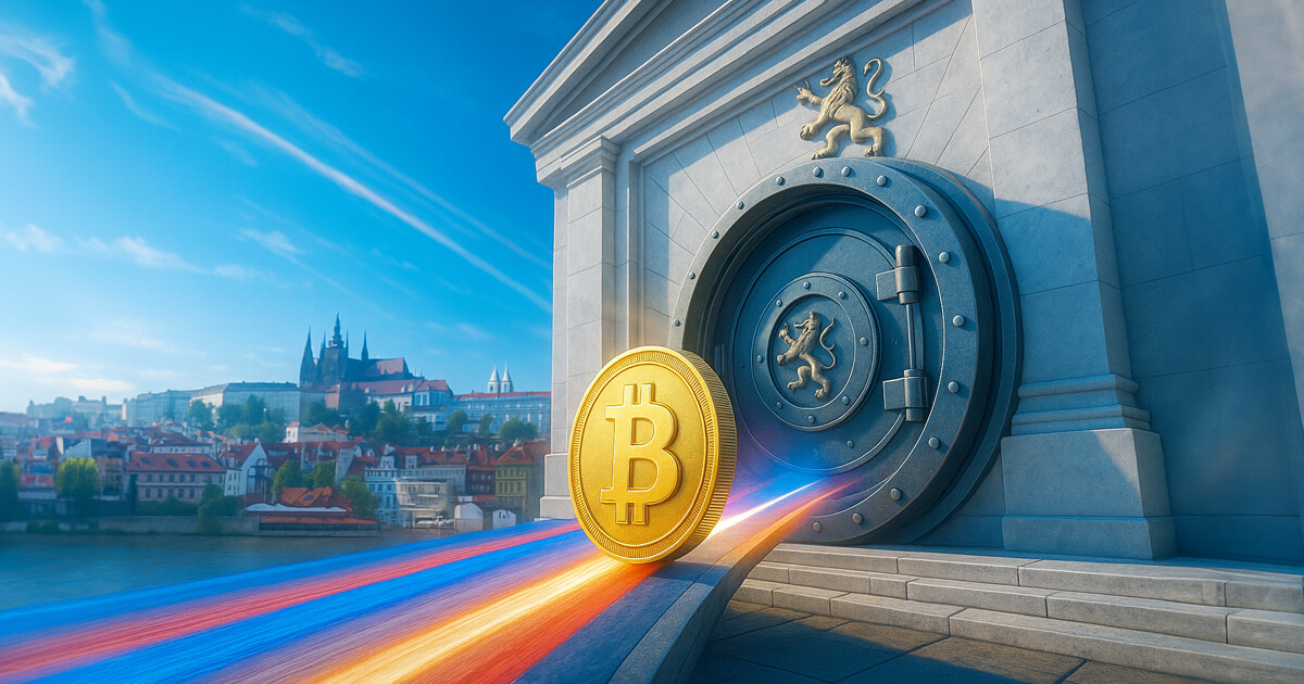 Bitcoin gleams in cool daylight as it speeds toward a stone vault under a vivid blue sky, with Prague’s skyline sharply lit in balanced, vibrant colors.