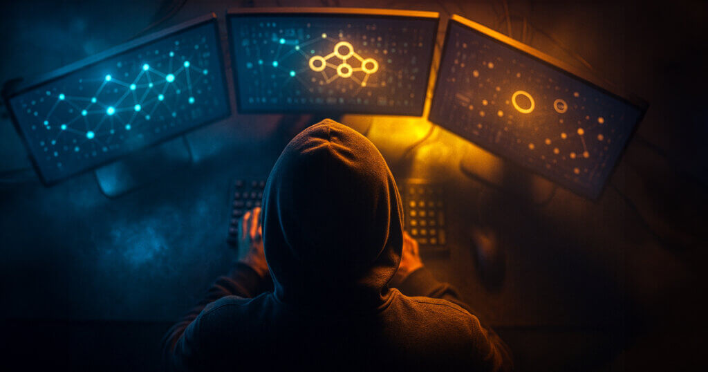 top-down cinematic shot of an anonymous hooded figure at a multi-monitor DeFi workstation, bathed in vivid teal–amber–magenta soft glows with subtle volumetric haze and no readable text, emphasizing abstract network graphs and a dramatic overhead perspective.