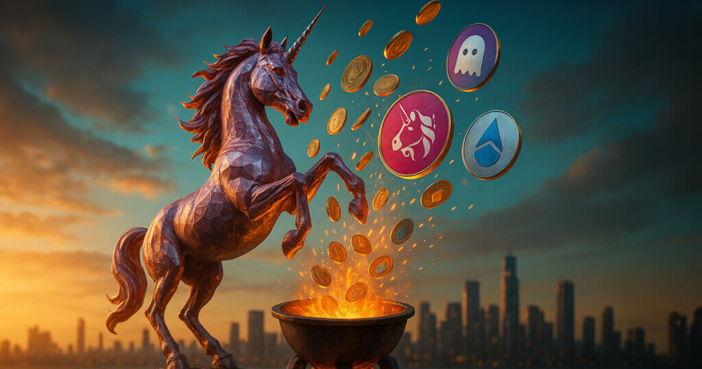 a gleaming pink Uniswap unicorn statue rearing beside a blazing bronze cauldron as gold coins arc into the fire, with three prominent metal tokens floating midair bearing the Uniswap, Aave (ghost), and Lido (droplet) logos against a bright teal–orange city skyline at golden hour.